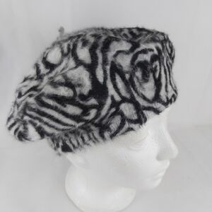 ANGORA rabbit beret hat black and white zebra print